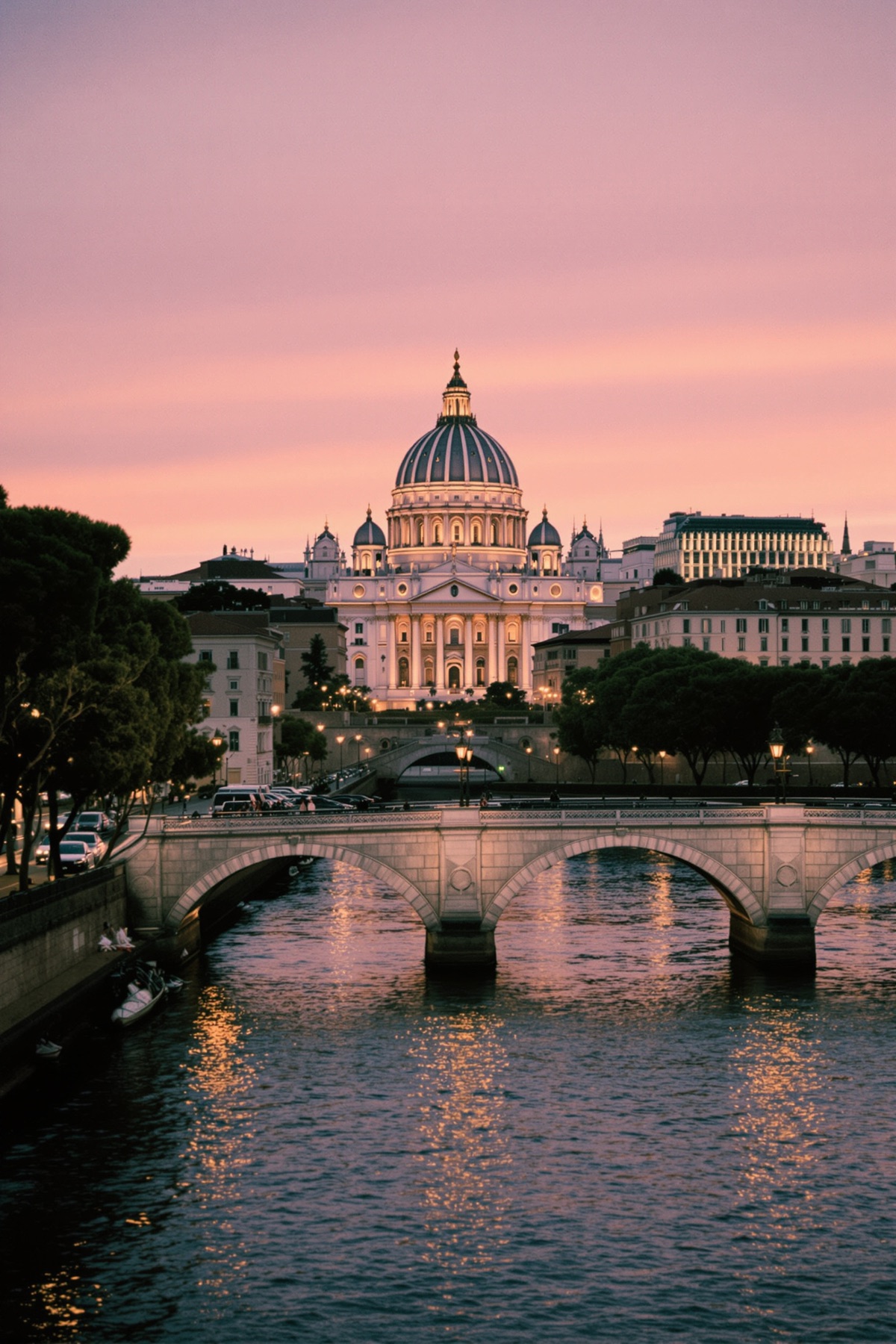 Dome of St Peter's Basilica and Ponte Umberto over the Tiber at sunset